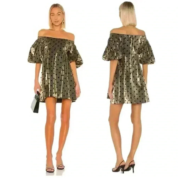 LPA Beatrix metallic gold off shoulder mini dress puff sleeve polka dot M - Picture 1 of 3